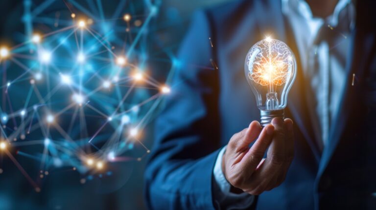 man holding light bulb and brain network with technology, Generated AI