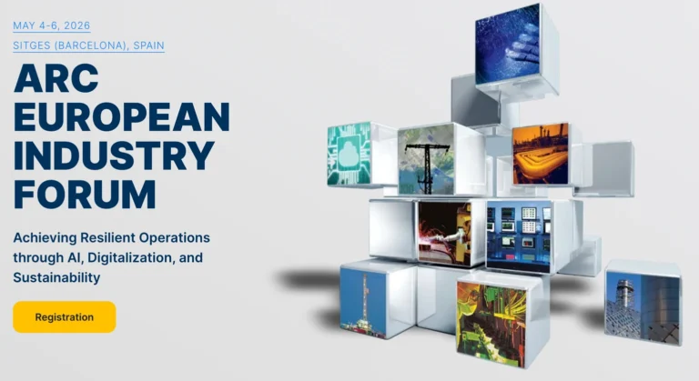 Event promo image with stacked cubes showing tech and industry scenes. Text: ARC European Industry Forum, May 4-6, 2026, Sitges (Barcelona), Spain. Achieving Resilient Operations. Registration button in yellow.