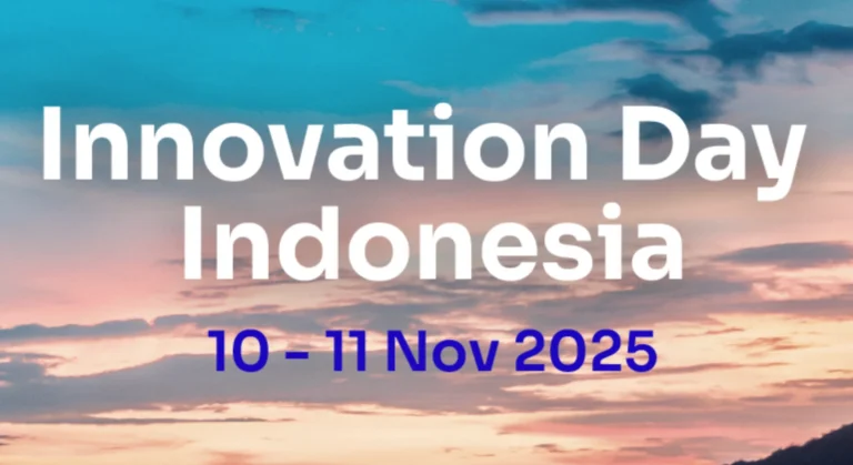 Text Innovation Day Indonesia 10 - 11 Nov 2025 over a colorful sunset sky with blue, pink, and orange clouds.