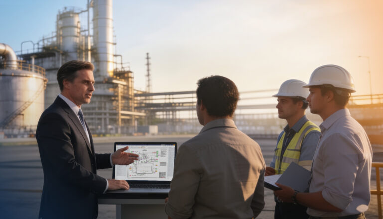 A man in a suit discusses plans on a laptop with three workers wearing safety gear at an industrial site, with equipment and structures in the background.