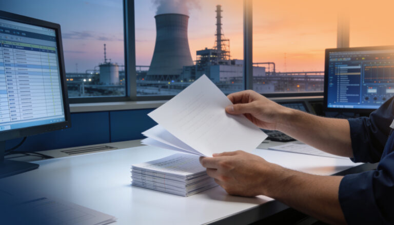 A person reviews documents at a desk with computer monitors, with an industrial plant and cooling tower visible through large windows at sunset.
