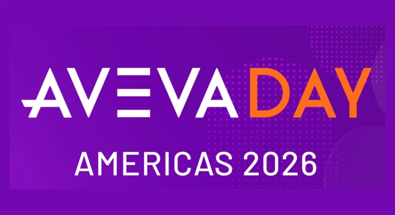 Graphic with a purple background featuring the text AVEVA DAY in white and orange, followed by AMERICAS 2026 in white text below. The design includes subtle dot pattern graphics on the right side.