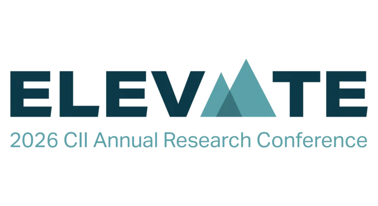 Logo with the word ELEVATE, where the A is a stylized mountain. Below, blue text reads, 2026 CII Annual Research Conference. White background.