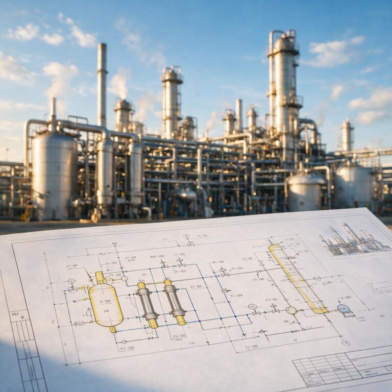 A detailed engineering blueprint is held up in front of a large industrial oil refinery with multiple pipes, tanks, and towers under a blue sky.
