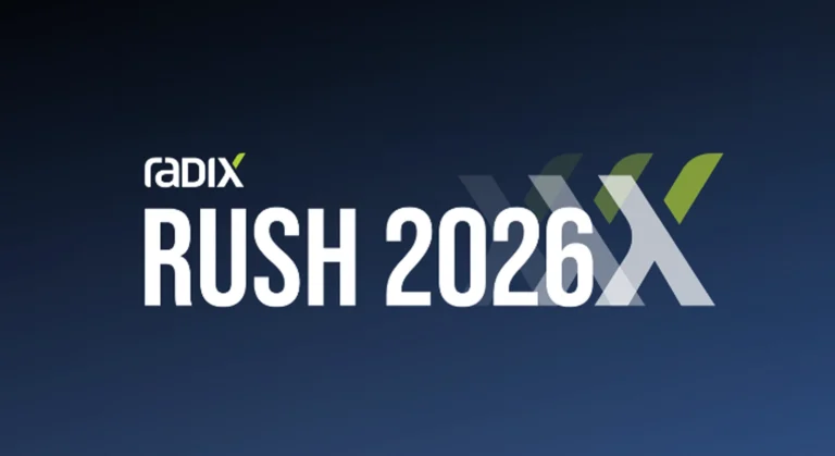 Dark blue gradient background with the words RADIX RUSH 2026 in bold white letters and overlapping translucent X shapes in the background.