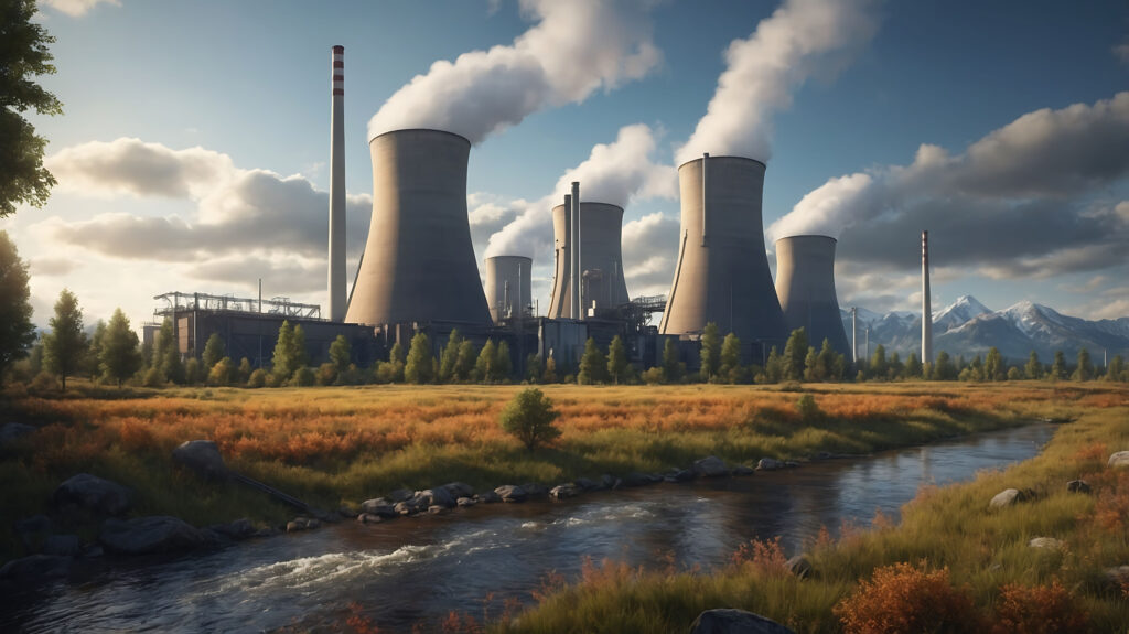 nuclear power plant with steaming towers energy power station
